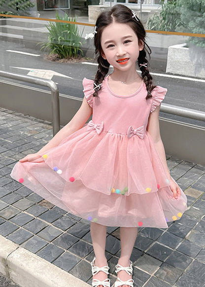 Lovely Pink O-Neck Tulle Patchwork Girls Dress Summer TT042 WS-JRTZSDGL240817