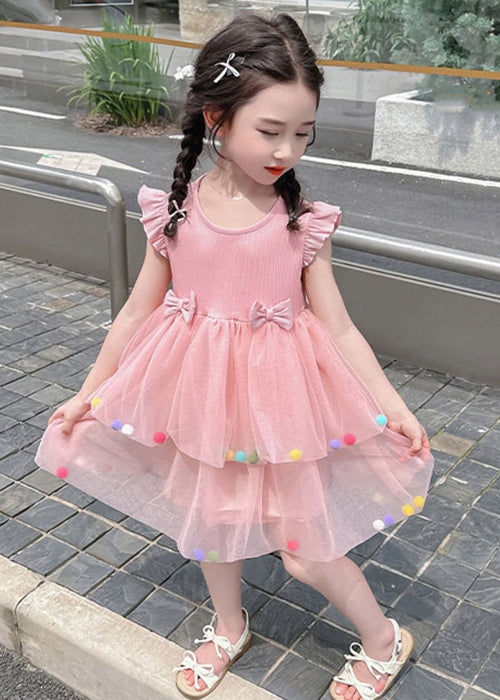 Lovely Pink O-Neck Tulle Patchwork Girls Dress Summer TT042 WS-JRTZSDGL240817