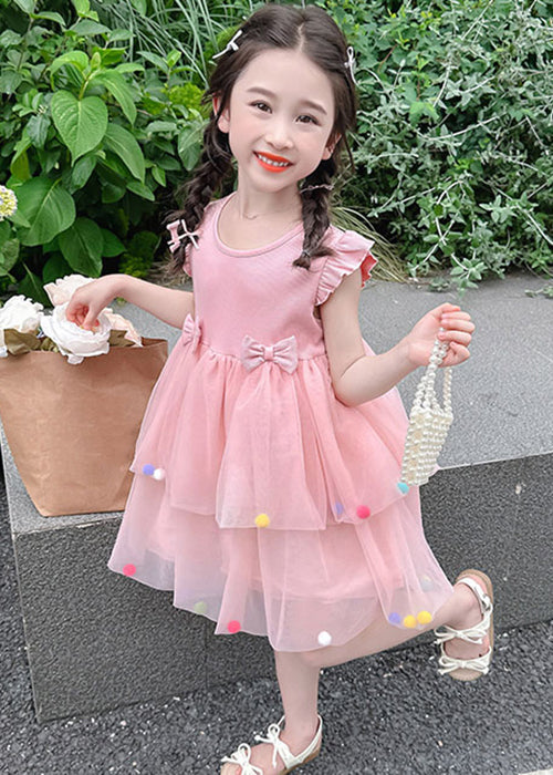 Lovely Pink O-Neck Tulle Patchwork Girls Dress Summer TT042 WS-JRTZSDGL240817