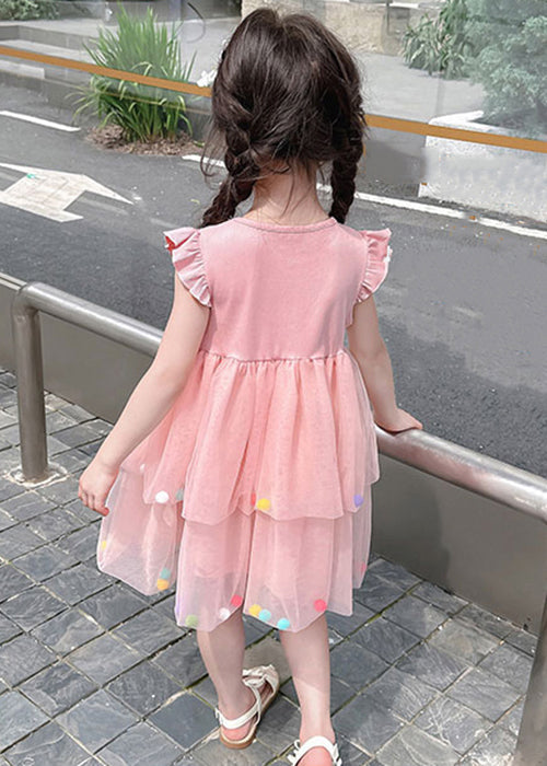 Lovely Pink O-Neck Tulle Patchwork Girls Dress Summer TT042 WS-JRTZSDGL240817