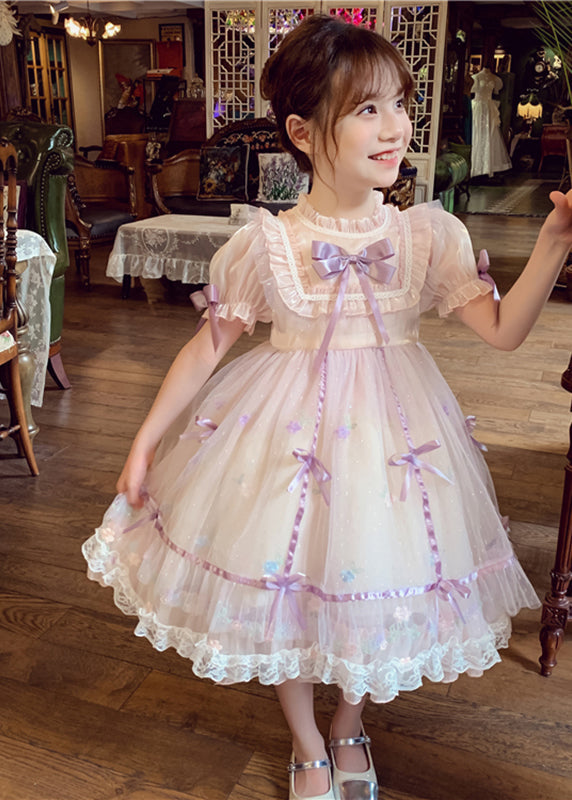 Lovely Pink Patchwork Wrinkled Bow Tulle Kids Mid Dress Short Sleeve XZ001 SDGM240618