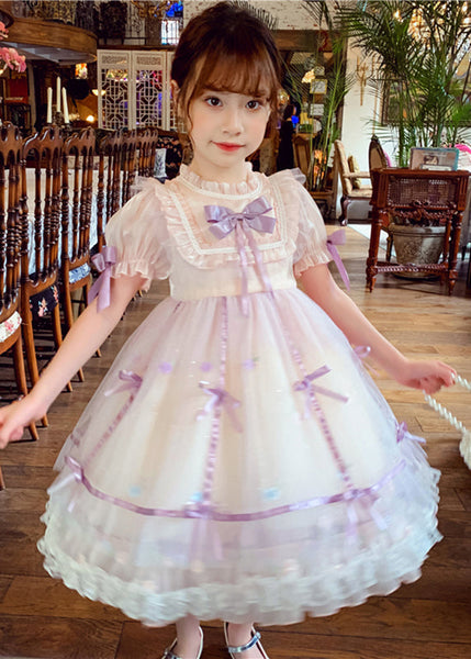 Lovely Pink Patchwork Wrinkled Bow Tulle Kids Mid Dress Short Sleeve XZ001 SDGM240618
