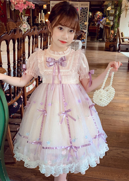 Lovely Pink Patchwork Wrinkled Bow Tulle Kids Mid Dress Short Sleeve XZ001 SDGM240618