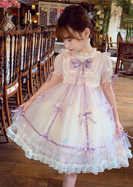 Lovely Pink Patchwork Wrinkled Bow Tulle Kids Mid Dress Short Sleeve XZ001 SDGM240618