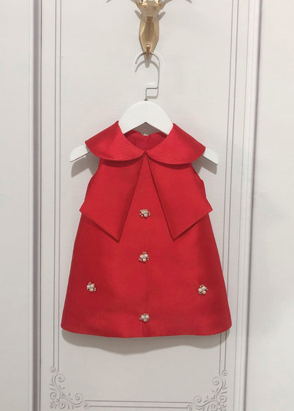 Lovely Pink Peter Pan Collar Bow Pearl Zircon Kids Maxi Dress Sleeveless YS032 ABC