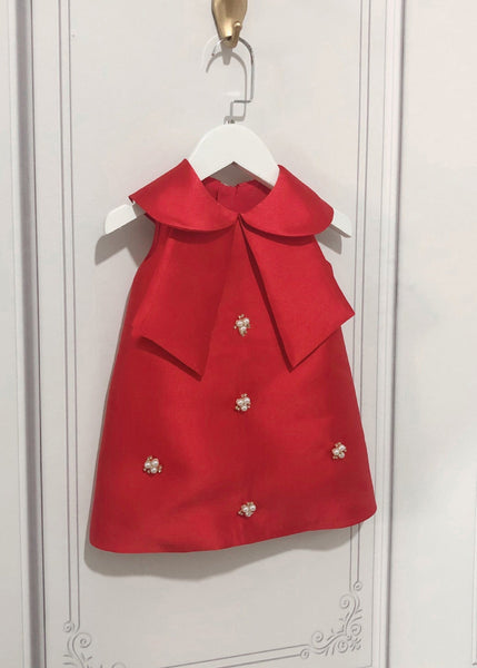 Lovely Pink Peter Pan Collar Bow Pearl Zircon Kids Maxi Dress Sleeveless YS032 ABC