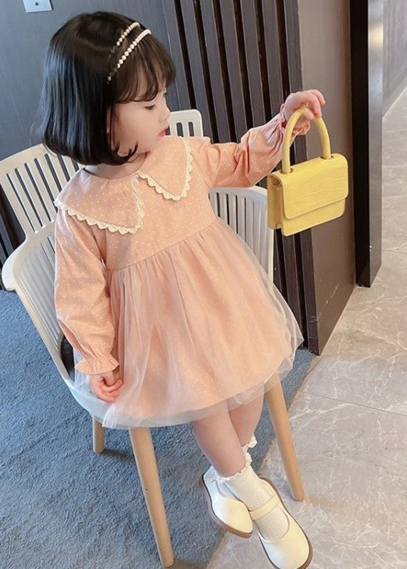 Lovely Pink Peter Pan Collar Dot Tulle Patchwork Kids Vacation Maxi Dresses Fall SS1065 MM-RCTZ-FDL240601