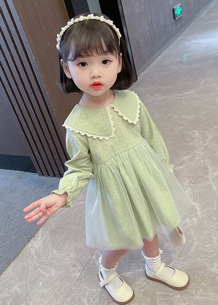 Lovely Pink Peter Pan Collar Dot Tulle Patchwork Kids Vacation Maxi Dresses Fall SS1065 MM-RCTZ-FDL240601