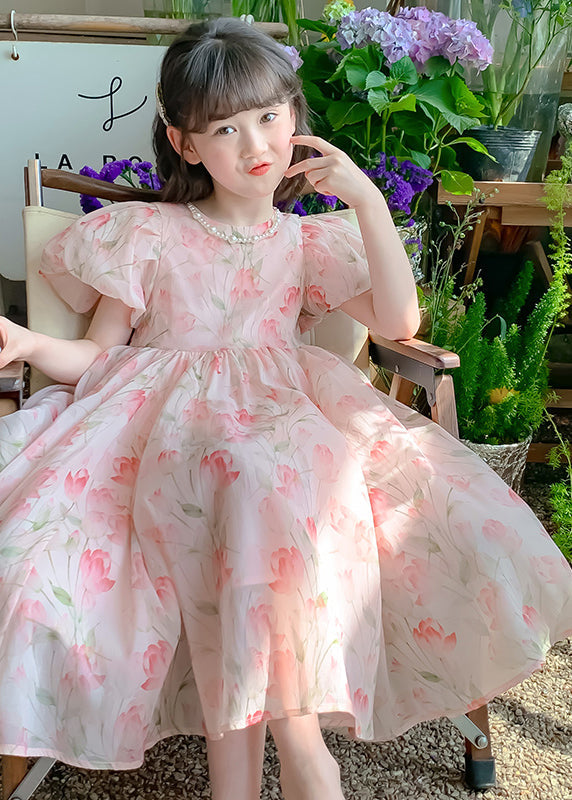 Lovely Pink Print Wrinkled Chiffon Girls Long Dress Short Sleeve XZ028 SDGL240618