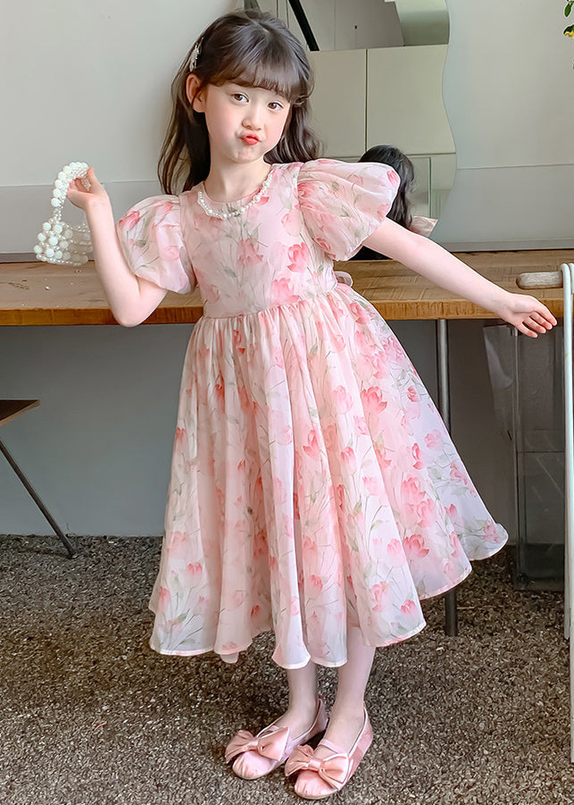 Lovely Pink Print Wrinkled Chiffon Girls Long Dress Short Sleeve XZ028 SDGL240618
