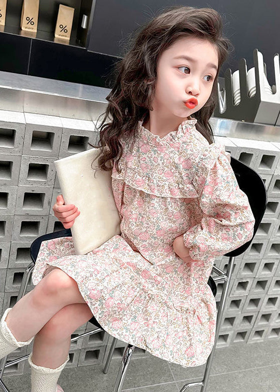 Lovely Pink Ruffled Print Cotton Girls Long Dress Fall XZ085 FALL-MM-RCTZ-FDGL240618