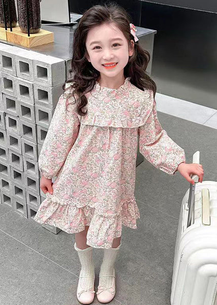 Lovely Pink Ruffled Print Cotton Girls Long Dress Fall XZ085 FALL-MM-RCTZ-FDGL240618