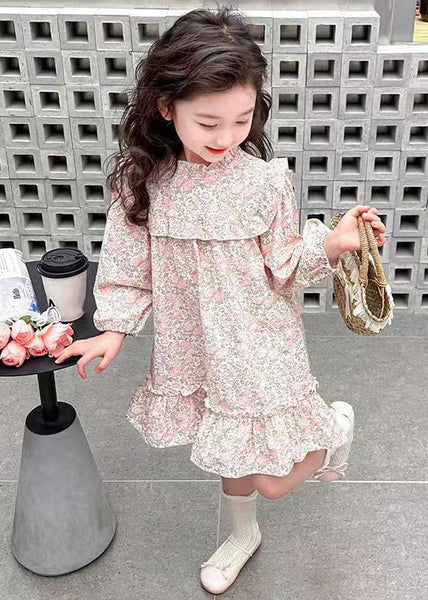 Lovely Pink Ruffled Print Cotton Girls Long Dress Fall XZ085 FALL-MM-RCTZ-FDGL240618