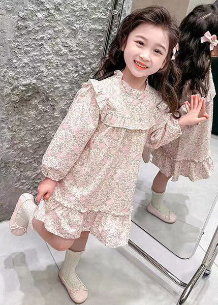 Lovely Pink Ruffled Print Cotton Girls Long Dress Fall XZ085 FALL-MM-RCTZ-FDGL240618