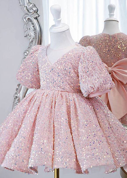 Lovely Pink Sequins Tulle Girls Long Dress Lantern Sleeve YS024 ABC