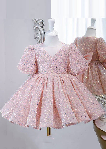 Lovely Pink Sequins Tulle Girls Long Dress Lantern Sleeve YS024 ABC