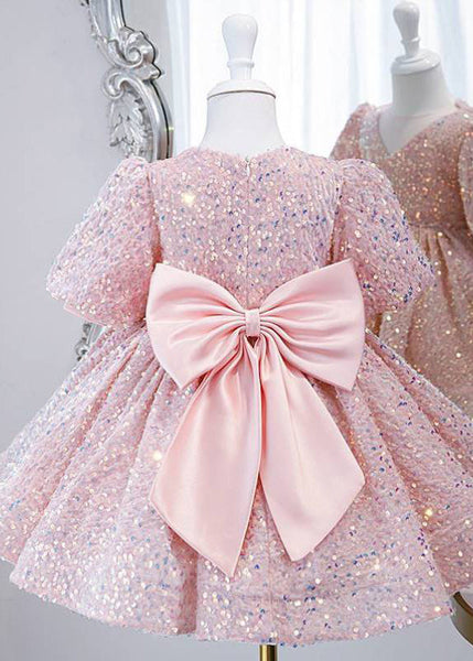 Lovely Pink Sequins Tulle Girls Long Dress Lantern Sleeve YS024 ABC