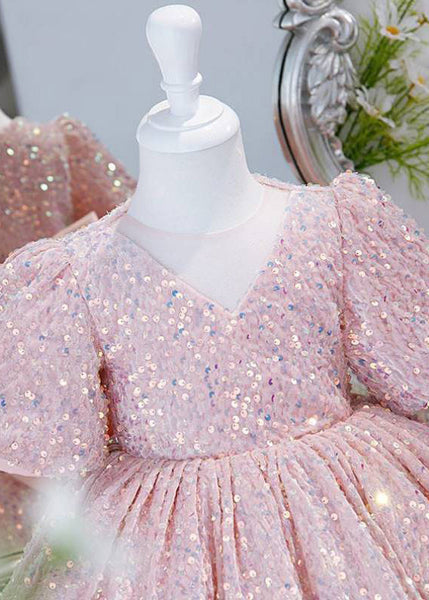 Lovely Pink Sequins Tulle Girls Long Dress Lantern Sleeve YS024 ABC