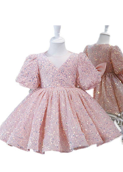 Lovely Pink Sequins Tulle Girls Long Dress Lantern Sleeve YS024 ABC