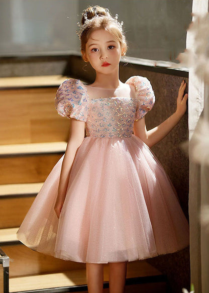 Lovely Pink Square Collar Patchwork Tulle Kids Long Dresses Short Sleeve QV016 WS-JRTZSDGL241026