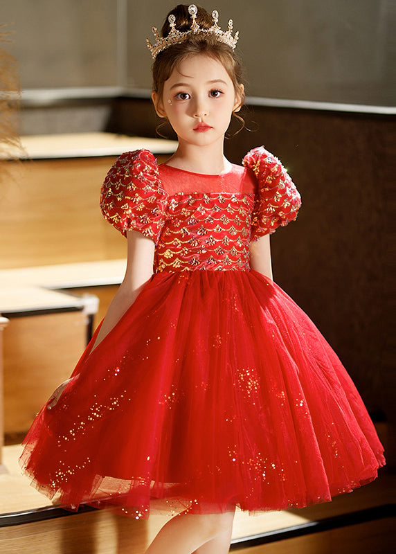 Lovely Pink Square Collar Patchwork Tulle Kids Long Dresses Short Sleeve QV016 WS-JRTZSDGL241026