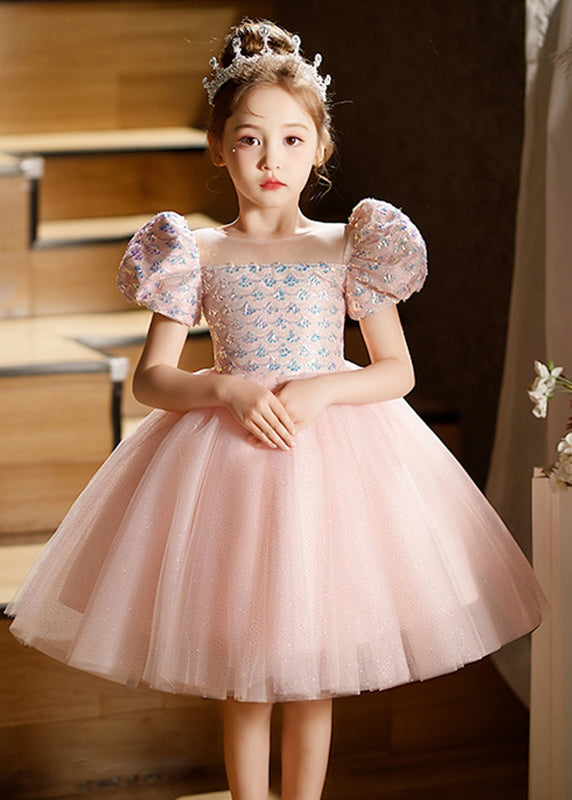 Lovely Pink Square Collar Patchwork Tulle Kids Long Dresses Short Sleeve QV016 WS-JRTZSDGL241026