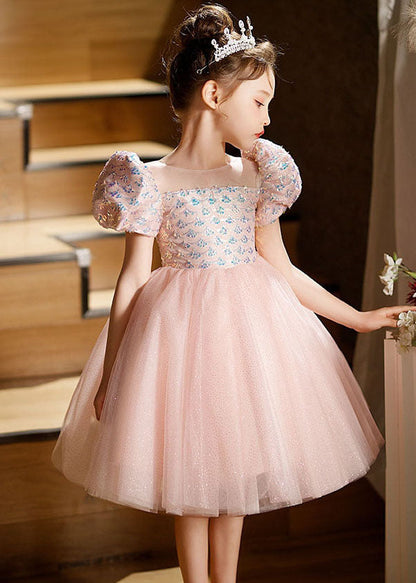 Lovely Pink Square Collar Patchwork Tulle Kids Long Dresses Short Sleeve QV016 WS-JRTZSDGL241026