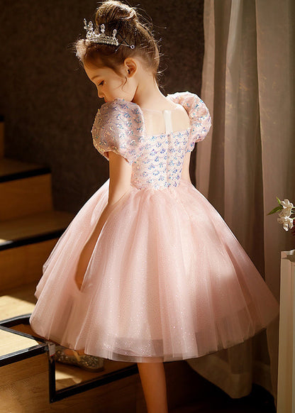 Lovely Pink Square Collar Patchwork Tulle Kids Long Dresses Short Sleeve QV016 WS-JRTZSDGL241026