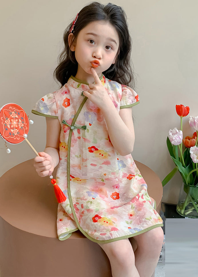 Lovely Pink Stand Collar Patchwork Kids Mid Dresses Short Sleeve MN016 MM-RCTZ-SDGM240701
