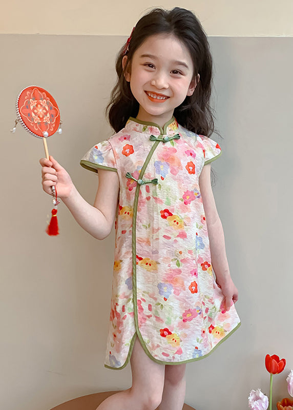 Lovely Pink Stand Collar Patchwork Kids Mid Dresses Short Sleeve MN016 MM-RCTZ-SDGM240701