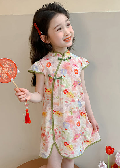 Lovely Pink Stand Collar Patchwork Kids Mid Dresses Short Sleeve MN016 MM-RCTZ-SDGM240701