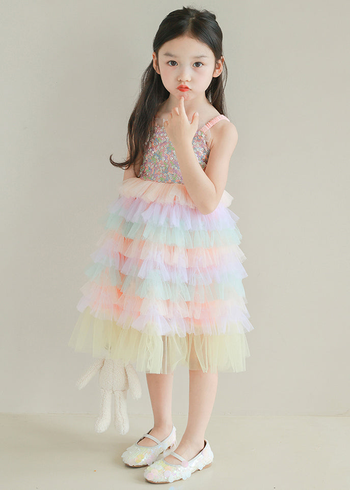 Lovely Rainbow Sequins Tulle Patchwork Girls Spaghetti Strap Dress Sleeveless TT024 WS-JRTZSDGL240817