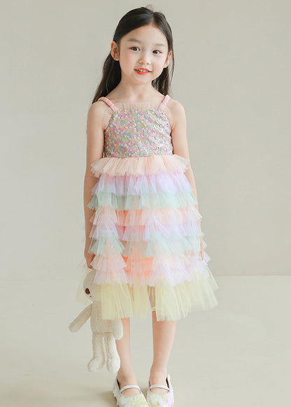 Lovely Rainbow Sequins Tulle Patchwork Girls Spaghetti Strap Dress Sleeveless TT024 WS-JRTZSDGL240817