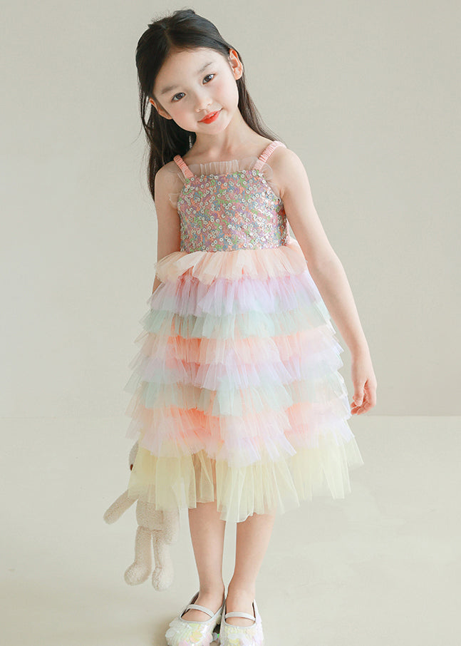 Lovely Rainbow Sequins Tulle Patchwork Girls Spaghetti Strap Dress Sleeveless TT024 WS-JRTZSDGL240817
