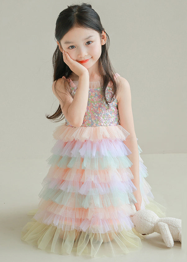 Lovely Rainbow Sequins Tulle Patchwork Girls Spaghetti Strap Dress Sleeveless TT024 WS-JRTZSDGL240817