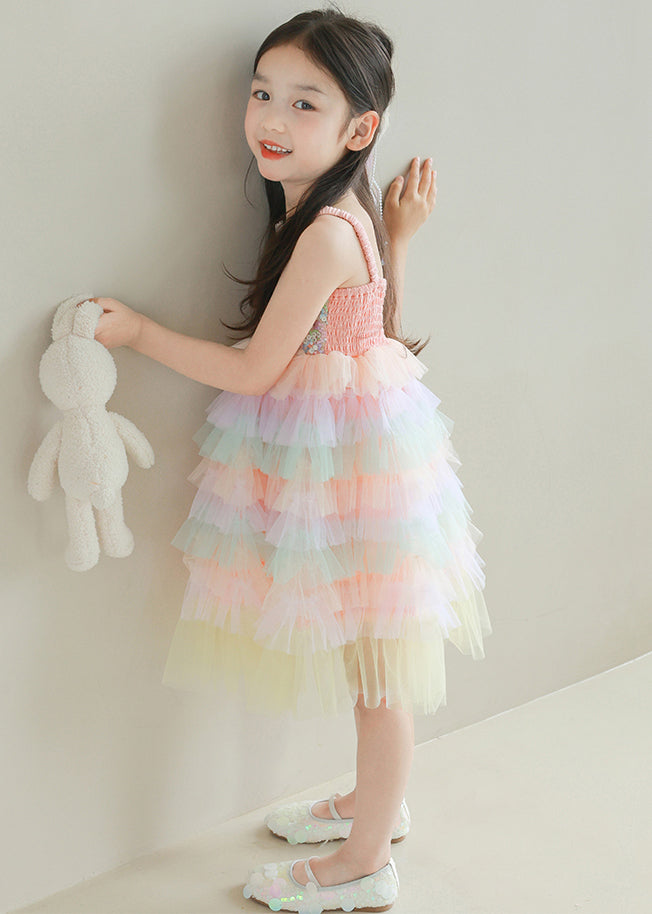 Lovely Rainbow Sequins Tulle Patchwork Girls Spaghetti Strap Dress Sleeveless TT024 WS-JRTZSDGL240817