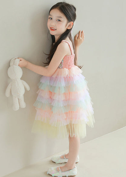 Lovely Rainbow Sequins Tulle Patchwork Girls Spaghetti Strap Dress Sleeveless TT024 WS-JRTZSDGL240817
