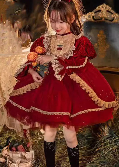 Lovely Red O-Neck Tulle Lace Patchwork Girls Mid Dresses Winter RP041 ABC