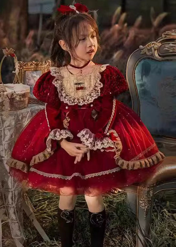 Lovely Red O-Neck Tulle Lace Patchwork Girls Mid Dresses Winter RP041 ABC