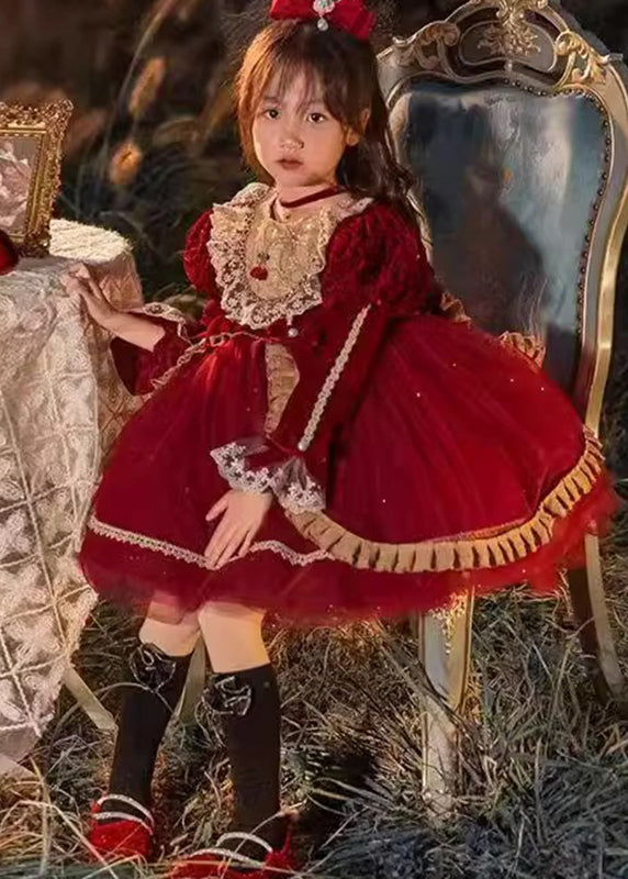 Lovely Red O-Neck Tulle Lace Patchwork Girls Mid Dresses Winter RP041 ABC