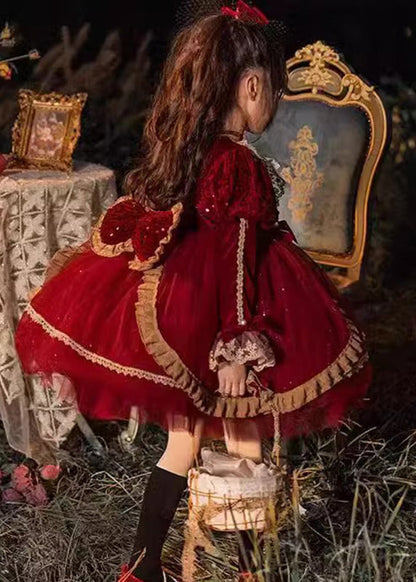 Lovely Red O-Neck Tulle Lace Patchwork Girls Mid Dresses Winter RP041 ABC