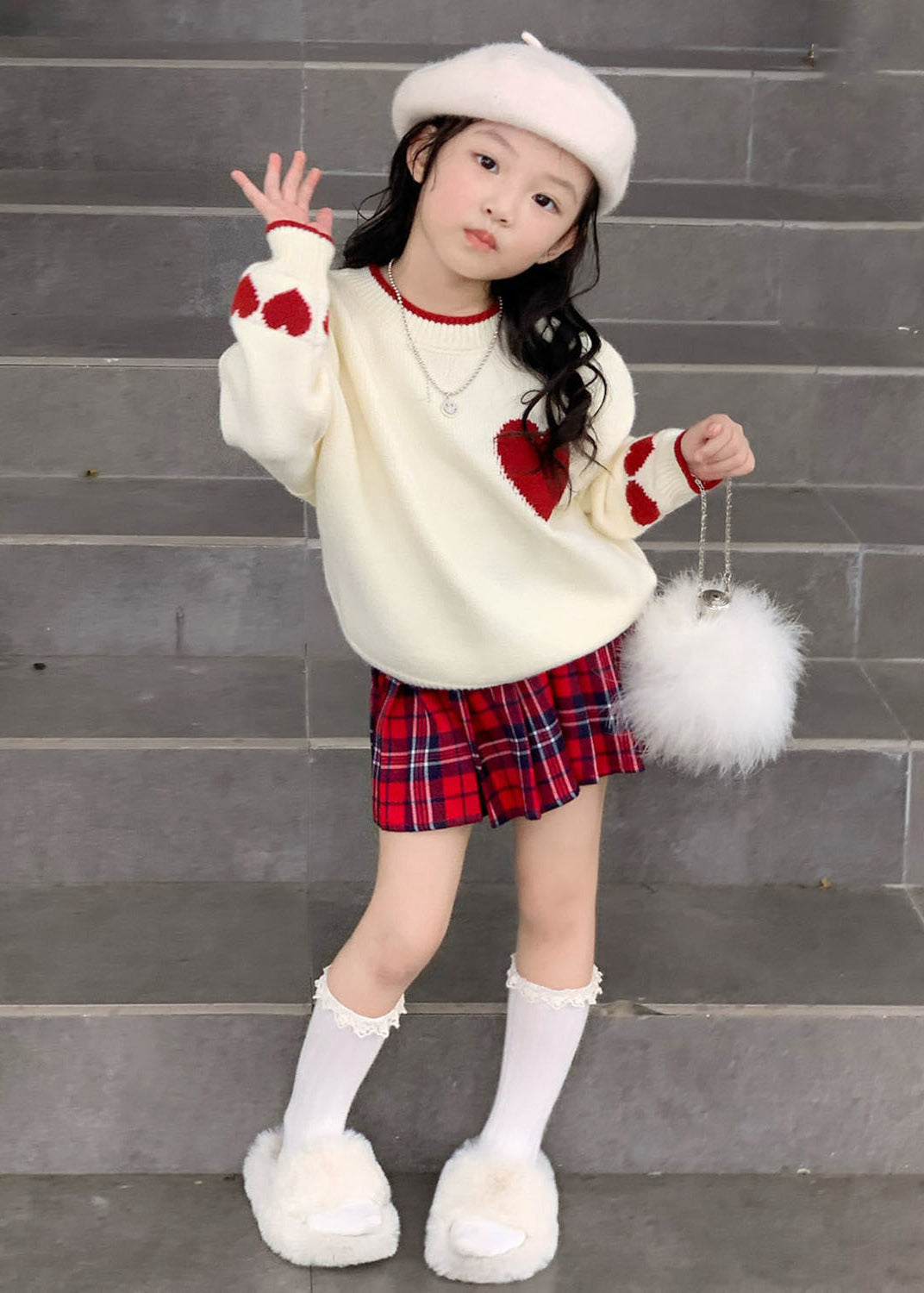 Lovely Red Patchwork Kids Cotton Knit Sweaters And Skirts Two Piece Set Spring TR004 ABC