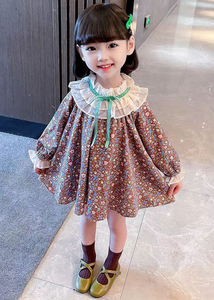 Lovely Ruffled Print Cotton Girls Mid Dress Long Sleeve XZ053 FALL-MM-RCTZ-FDGM240618