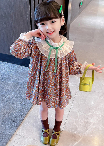 Lovely Ruffled Print Cotton Girls Mid Dress Long Sleeve XZ053 FALL-MM-RCTZ-FDGM240618