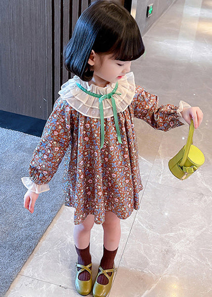 Lovely Ruffled Print Cotton Girls Mid Dress Long Sleeve XZ053 FALL-MM-RCTZ-FDGM240618