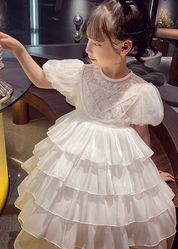 Lovely White Patchwork Sequins Tulle Kids Long Cake Dresses Summer XZ033 SDGL240618