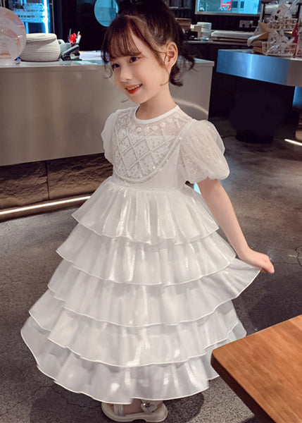 Lovely White Patchwork Sequins Tulle Kids Long Cake Dresses Summer XZ033 SDGL240618