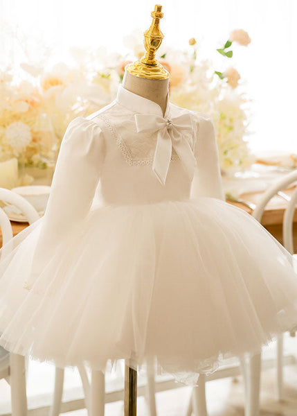 Lovely White Stand Collar Bow Tulle Kids Long Dresses Puff Sleeve YS010 ABC