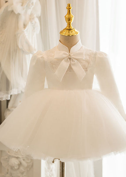Lovely White Stand Collar Bow Tulle Kids Long Dresses Puff Sleeve YS010 ABC
