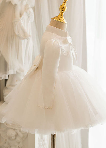 Lovely White Stand Collar Bow Tulle Kids Long Dresses Puff Sleeve YS010 ABC